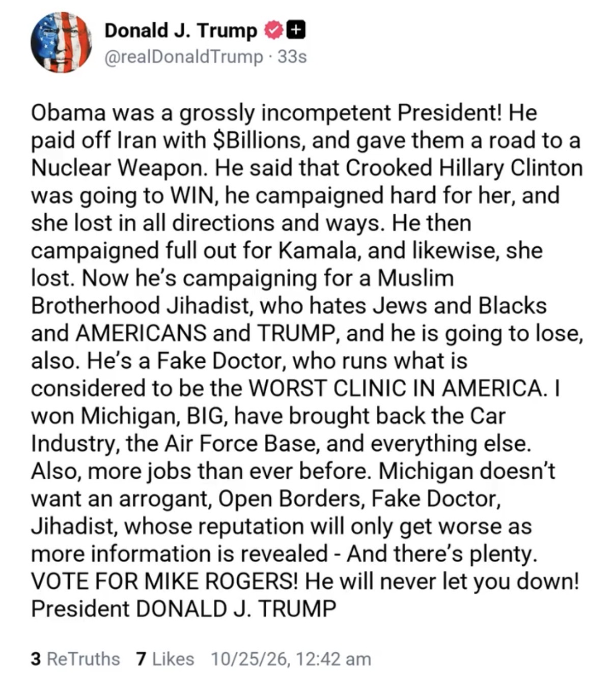 Full screenshot of a post attributed to Donald Trump that includes the word $Billions